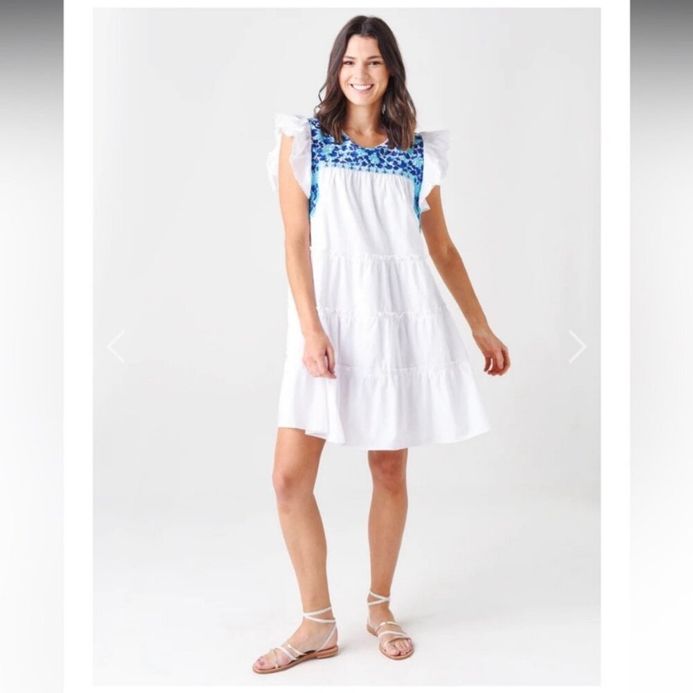 J. Marie Flutter Sleeve Dress White Blue Size Medium